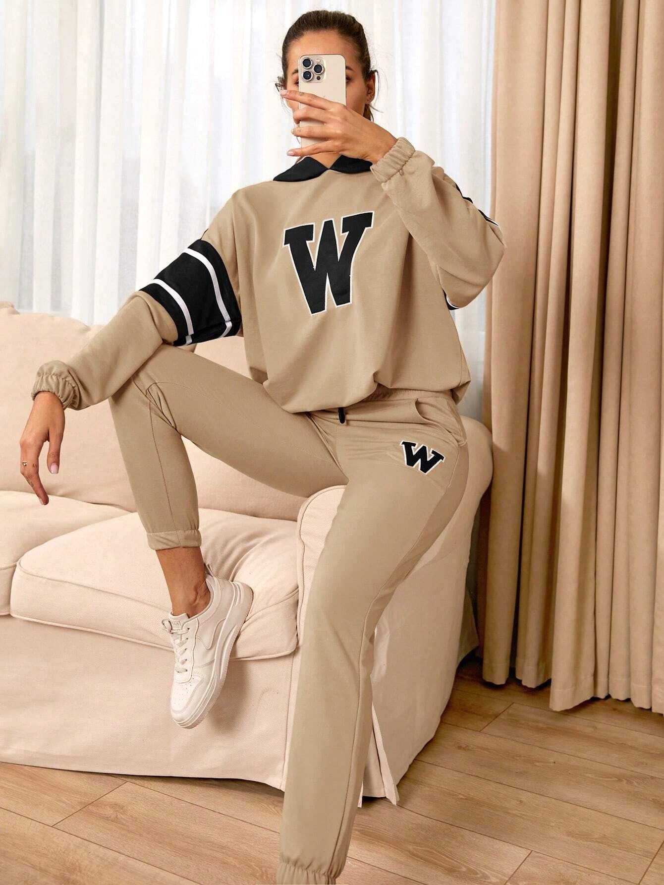 Women’s Beige Tracksuit Co-Ord Set with Graphic Print with Hoodie