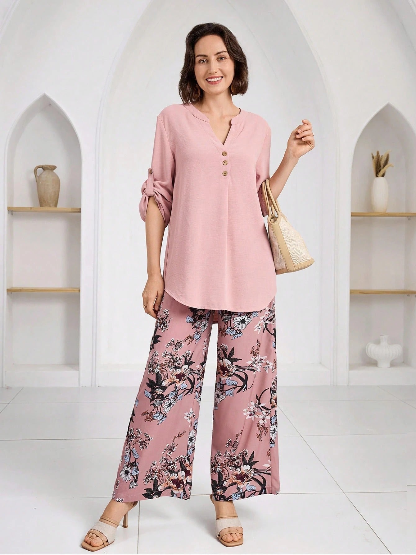Women’s Floral Print Wide Leg Pant & Solid Top Co-Ord Set – Pink