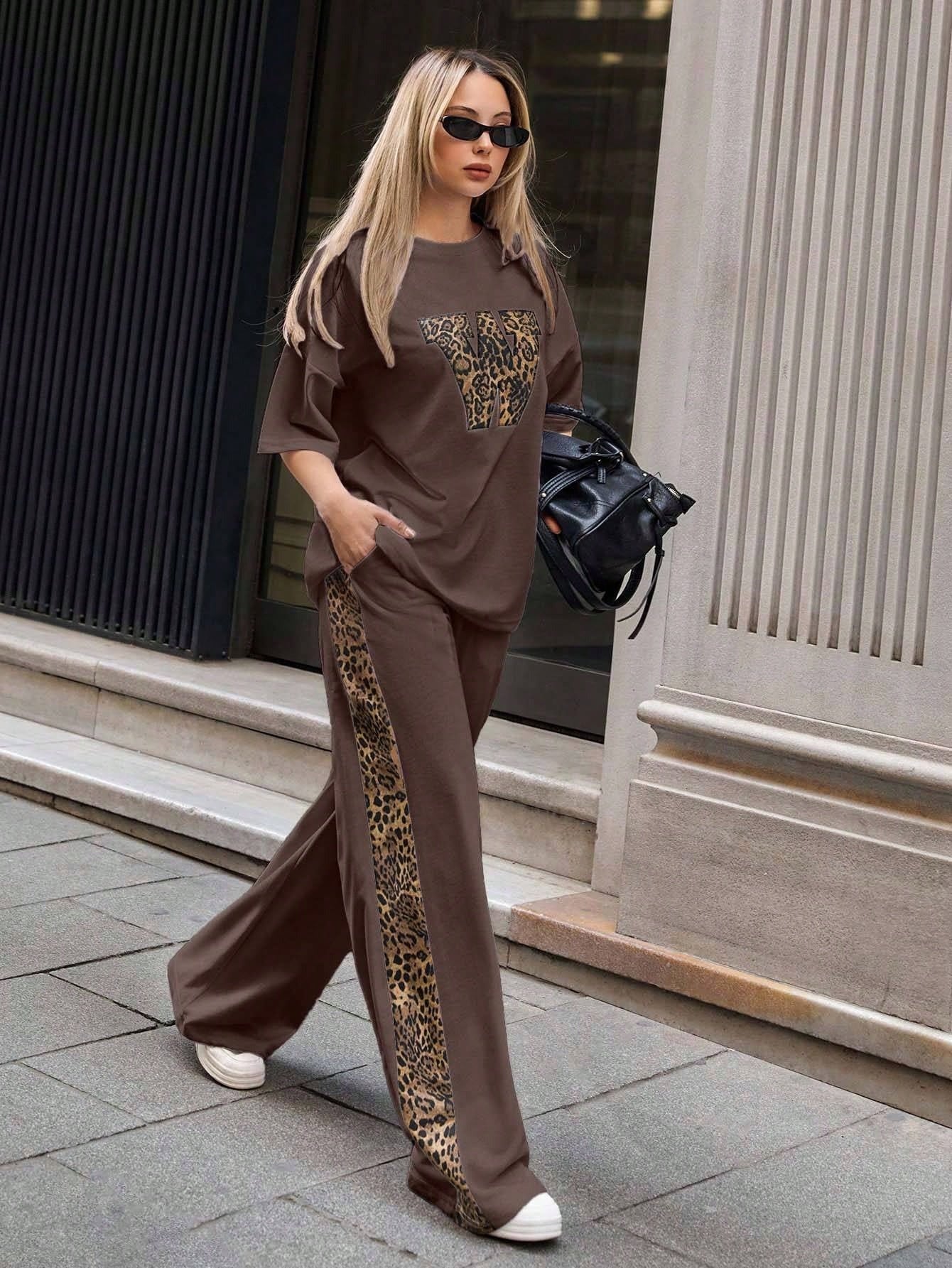 Mud Brown Colour Women's Co-Ord Set with Leapord Print