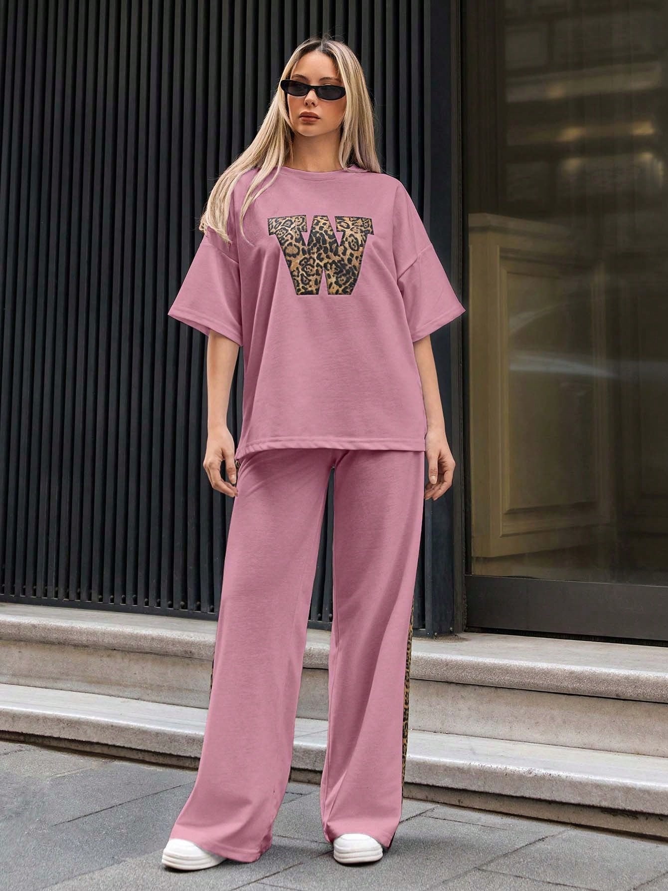 Cherry Blossom Colour Women's Co-Ord Set with Leapord Print