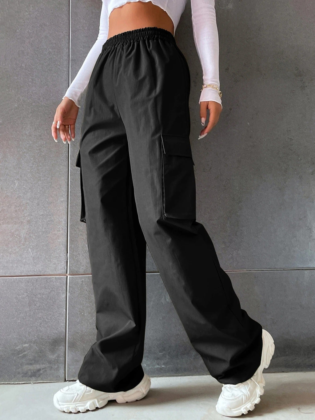 Deep Black Colour Boxy Women's Cargo Pants