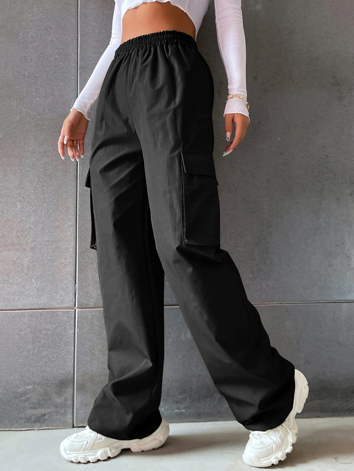 Deep Black Colour Boxy Women's Cargo Pants
