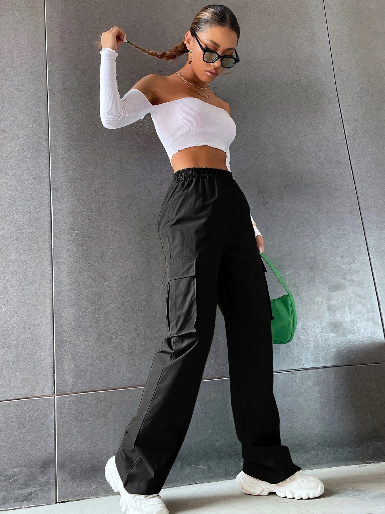 Deep Black Colour Boxy Women's Cargo Pants