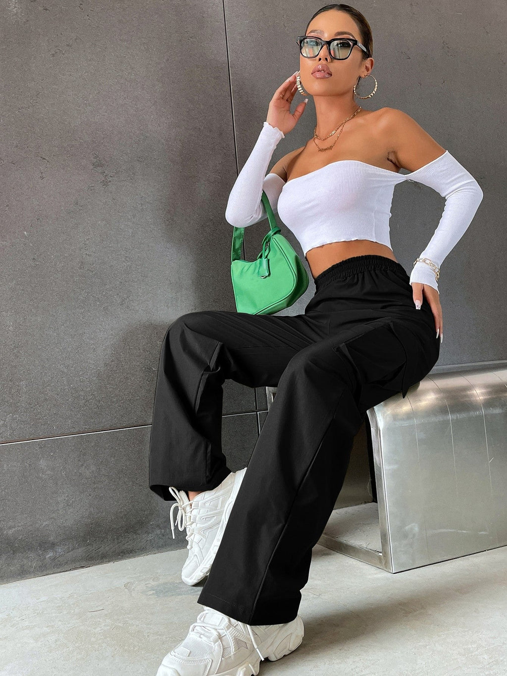 Deep Black Colour Boxy Women's Cargo Pants