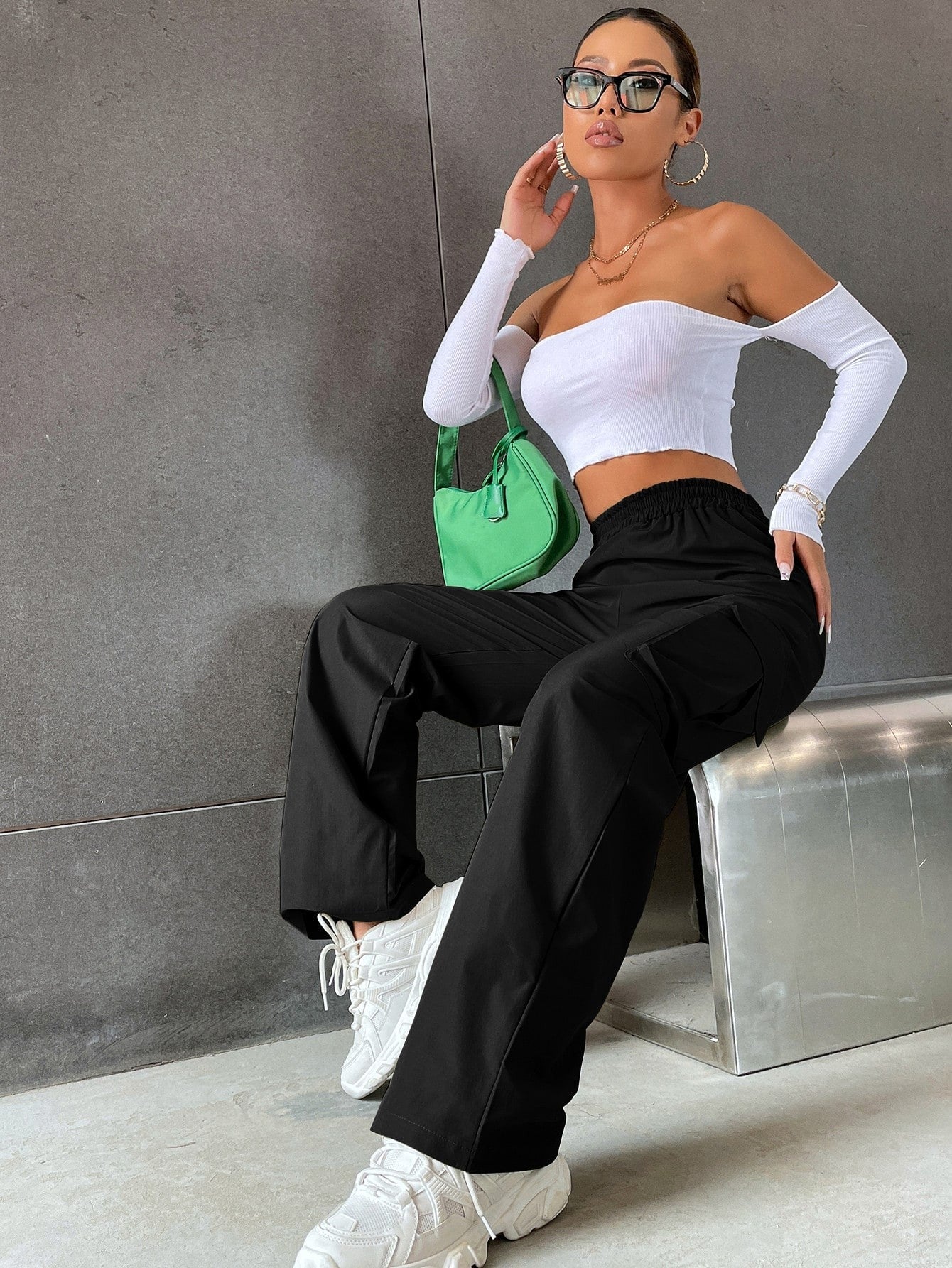 Deep Black Colour Boxy Women's Cargo Pants