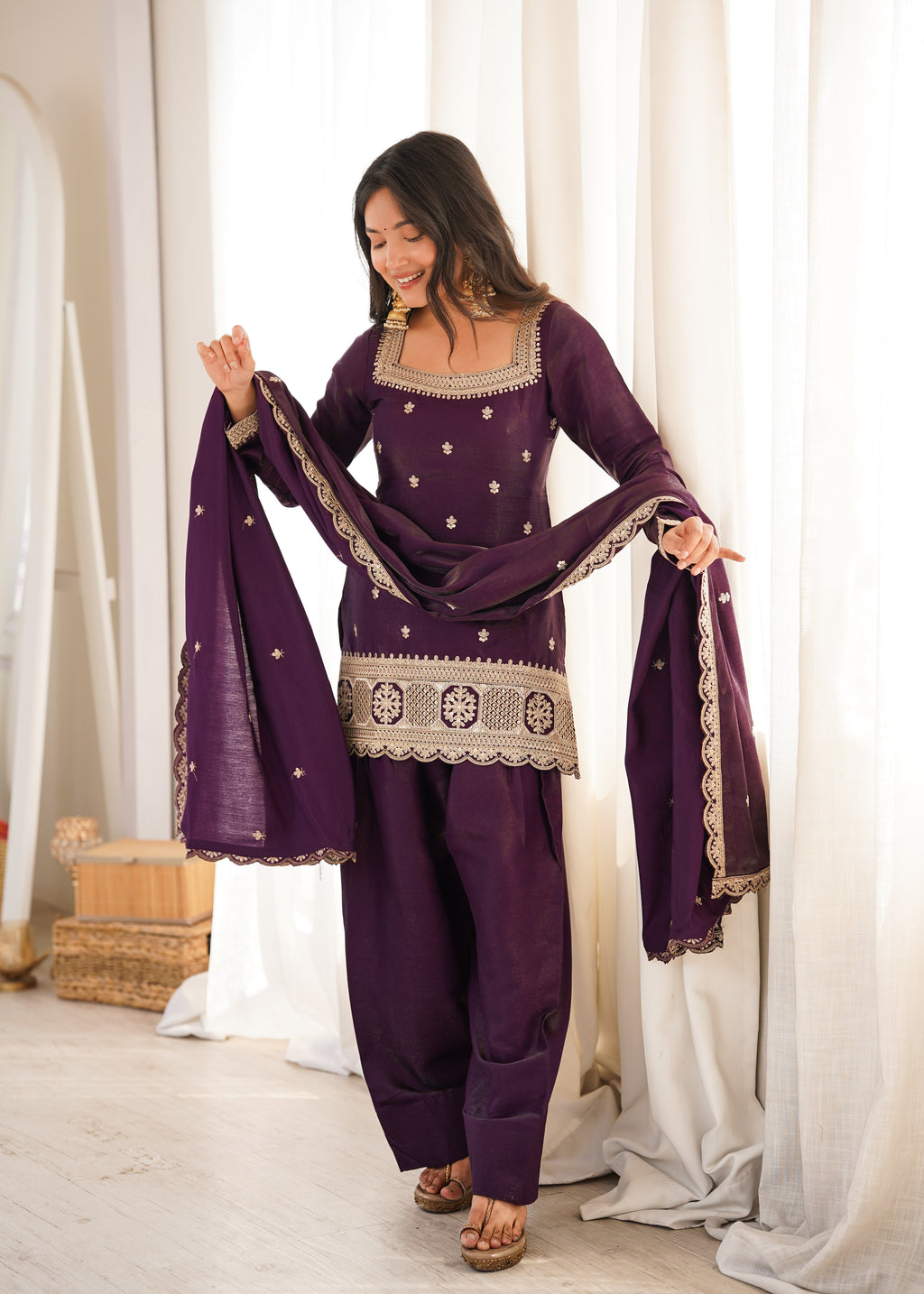 ARENIVA Glass Roman Silk Embroidered Kurta Set with Farshi Shalwar & Dupatta