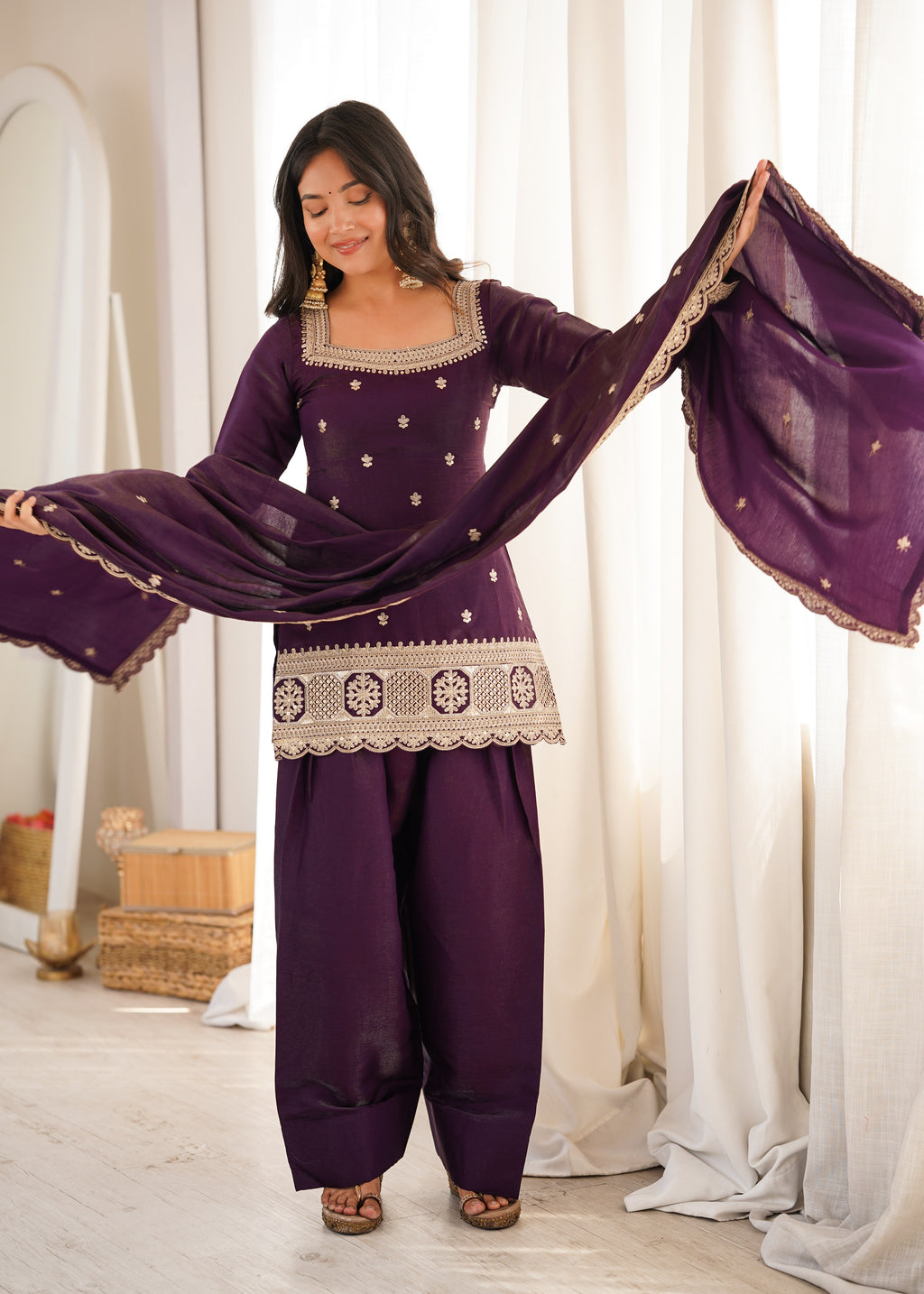 ARENIVA Glass Roman Silk Embroidered Kurta Set with Farshi Shalwar & Dupatta