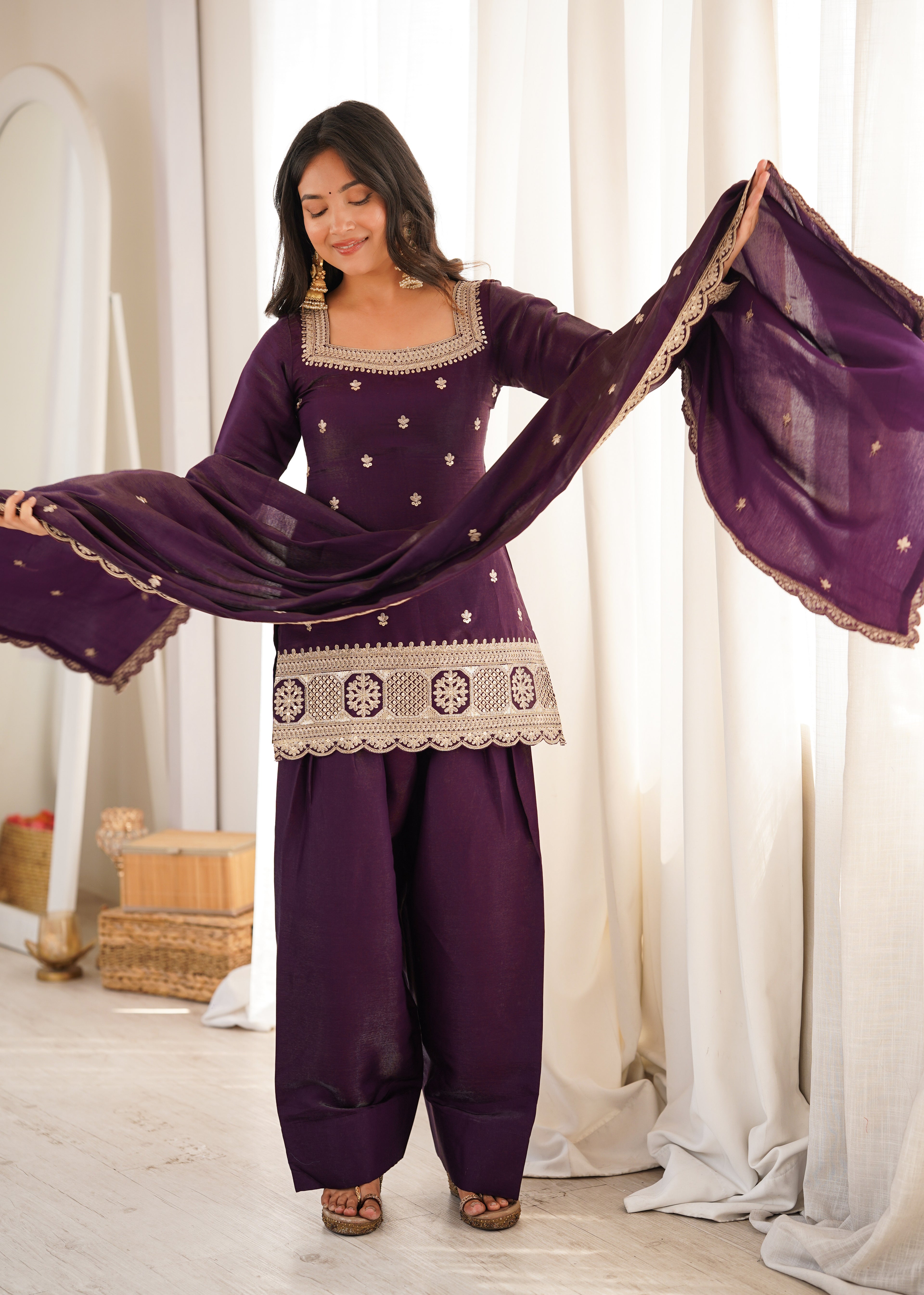 ARENIVA Glass Roman Silk Embroidered Kurta Set with Farshi Shalwar & Dupatta