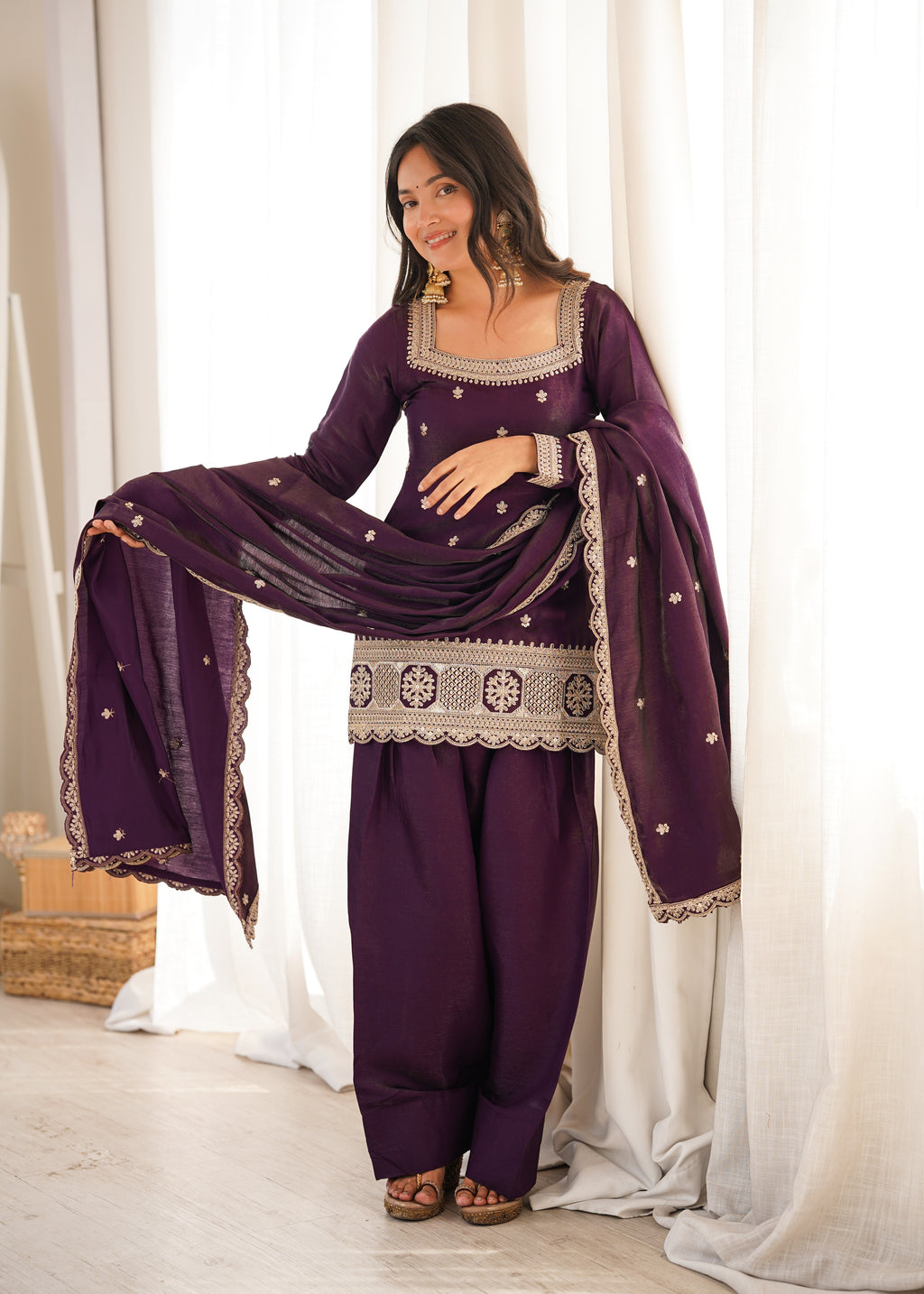 ARENIVA Glass Roman Silk Embroidered Kurta Set with Farshi Shalwar & Dupatta