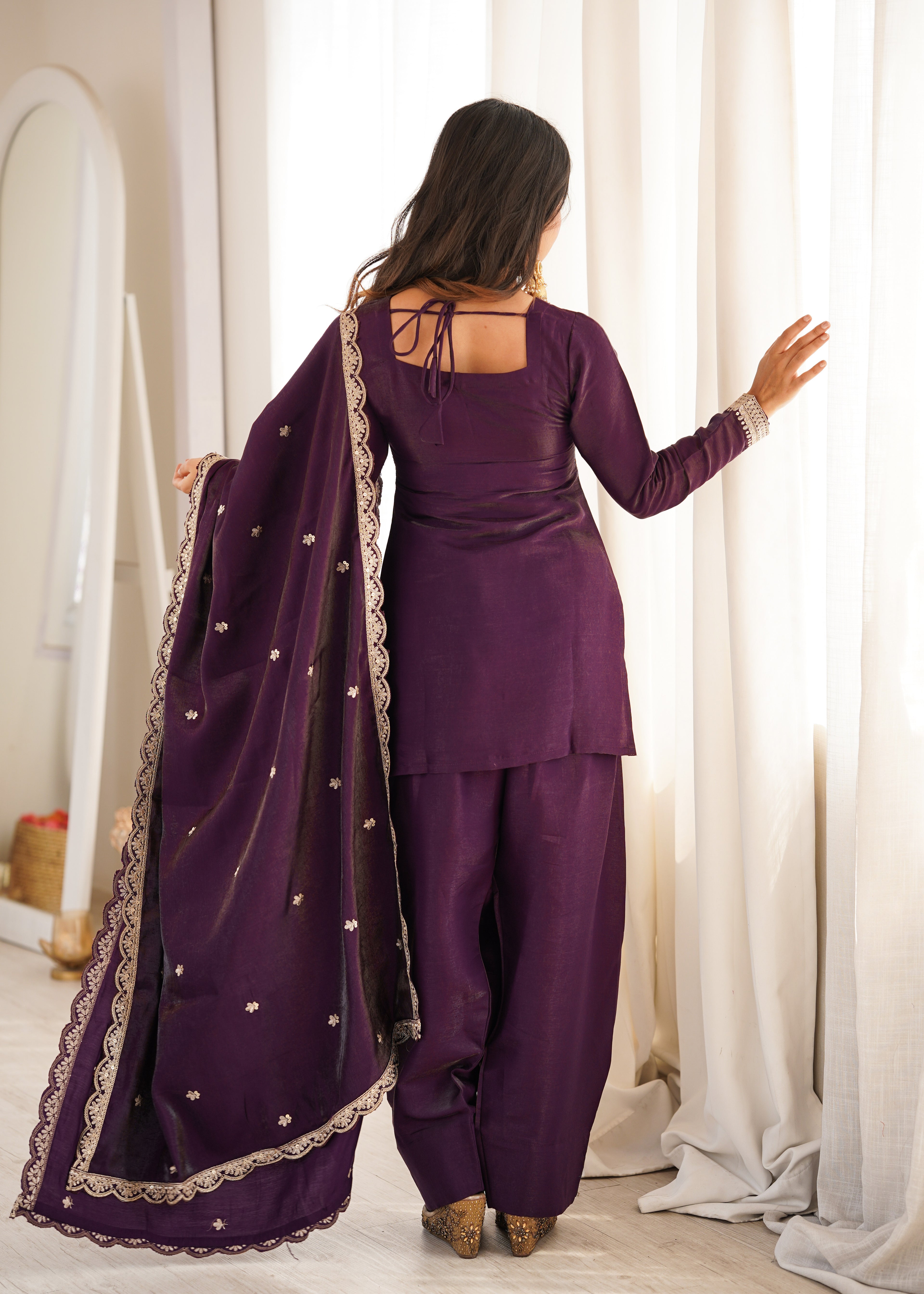 ARENIVA Glass Roman Silk Embroidered Kurta Set with Farshi Shalwar & Dupatta