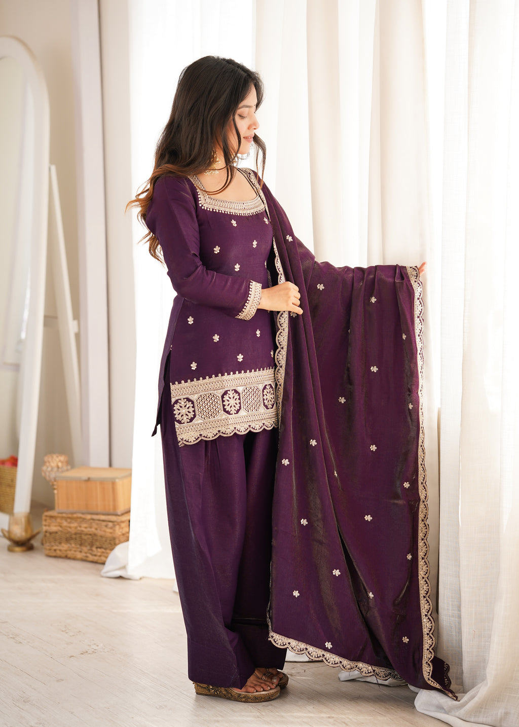 ARENIVA Glass Roman Silk Embroidered Kurta Set with Farshi Shalwar & Dupatta