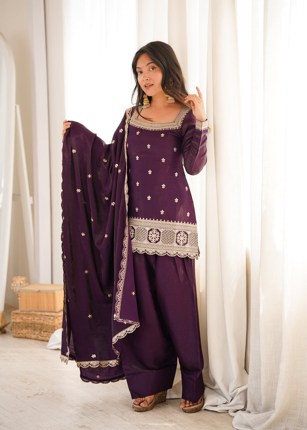 ARENIVA Glass Roman Silk Embroidered Kurta Set with Farshi Shalwar & Dupatta