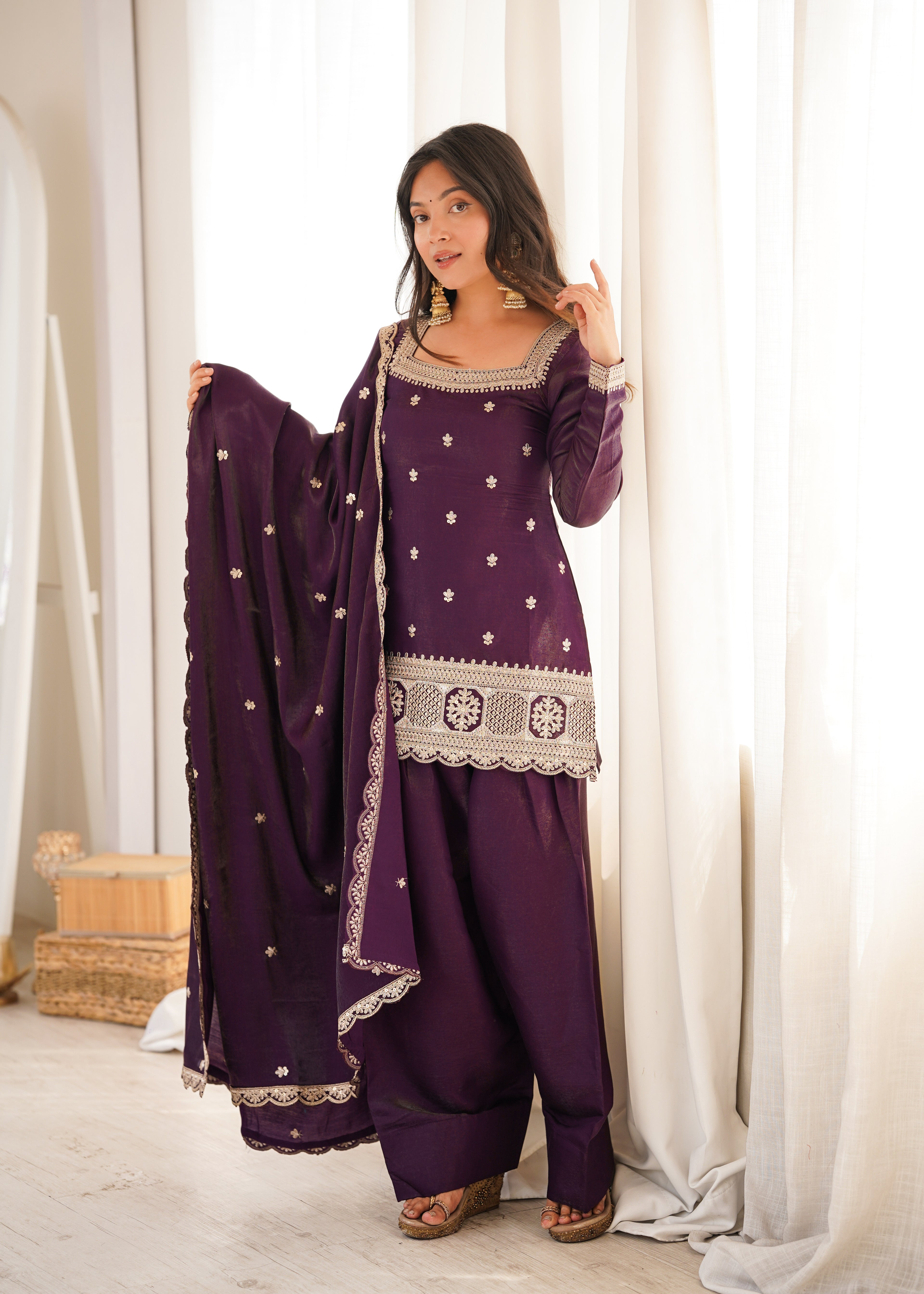 ARENIVA Glass Roman Silk Embroidered Kurta Set with Farshi Shalwar & Dupatta