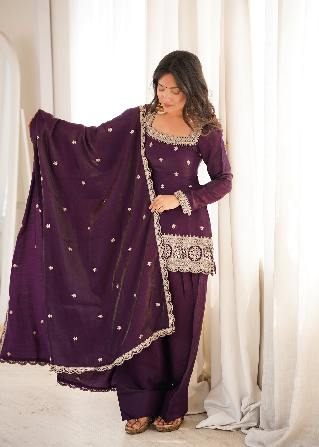 ARENIVA Glass Roman Silk Embroidered Kurta Set with Farshi Shalwar & Dupatta