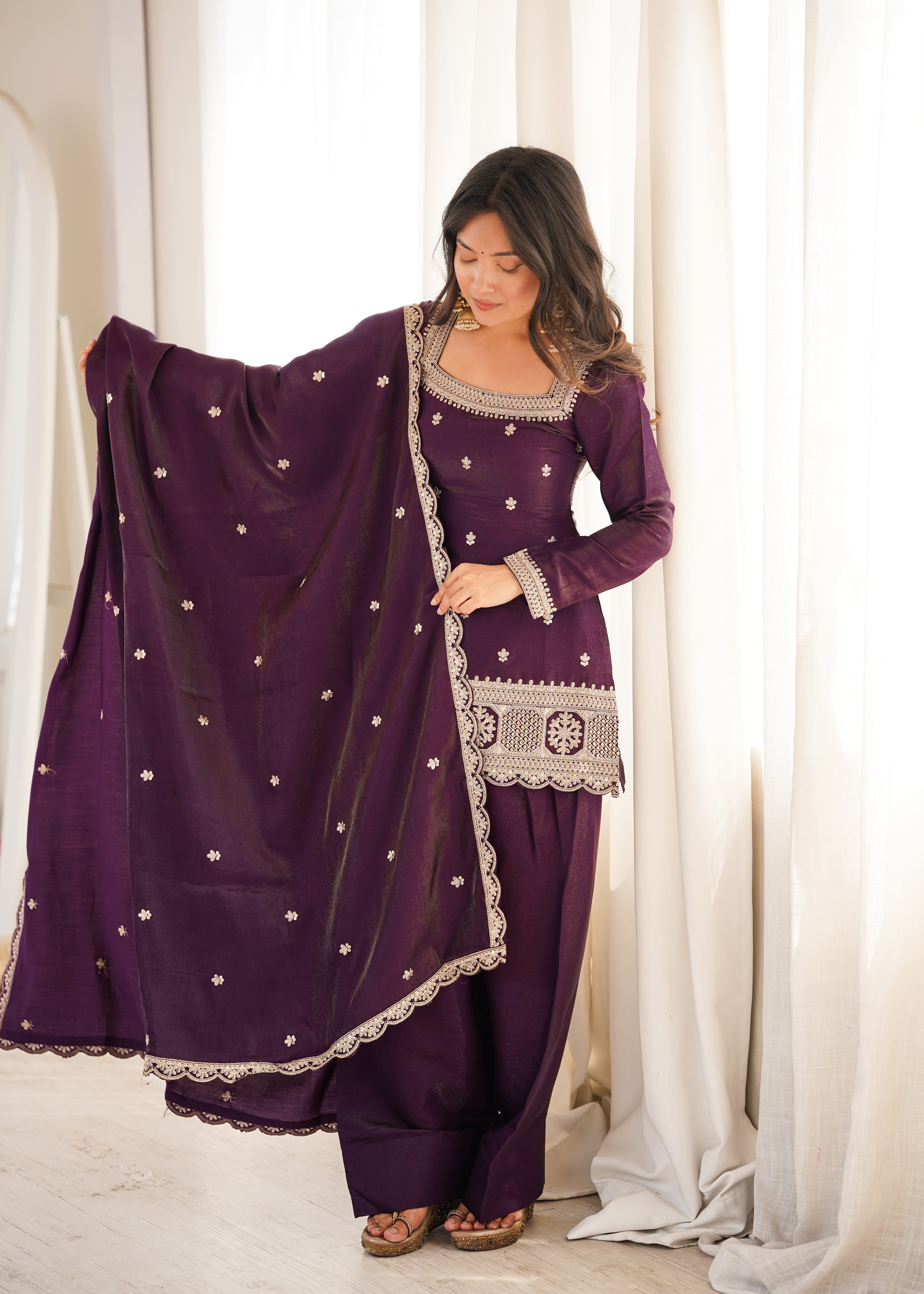 ARENIVA Glass Roman Silk Embroidered Kurta Set with Farshi Shalwar & Dupatta