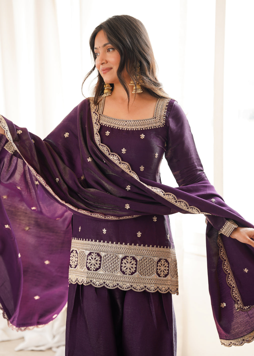 ARENIVA Glass Roman Silk Embroidered Kurta Set with Farshi Shalwar & Dupatta