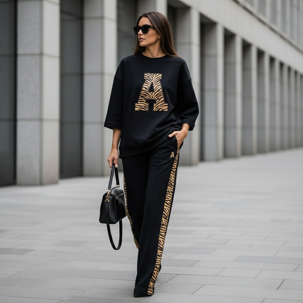 Deep Black Colour Women's Comfortable Co-Ord Set with Leapord Print