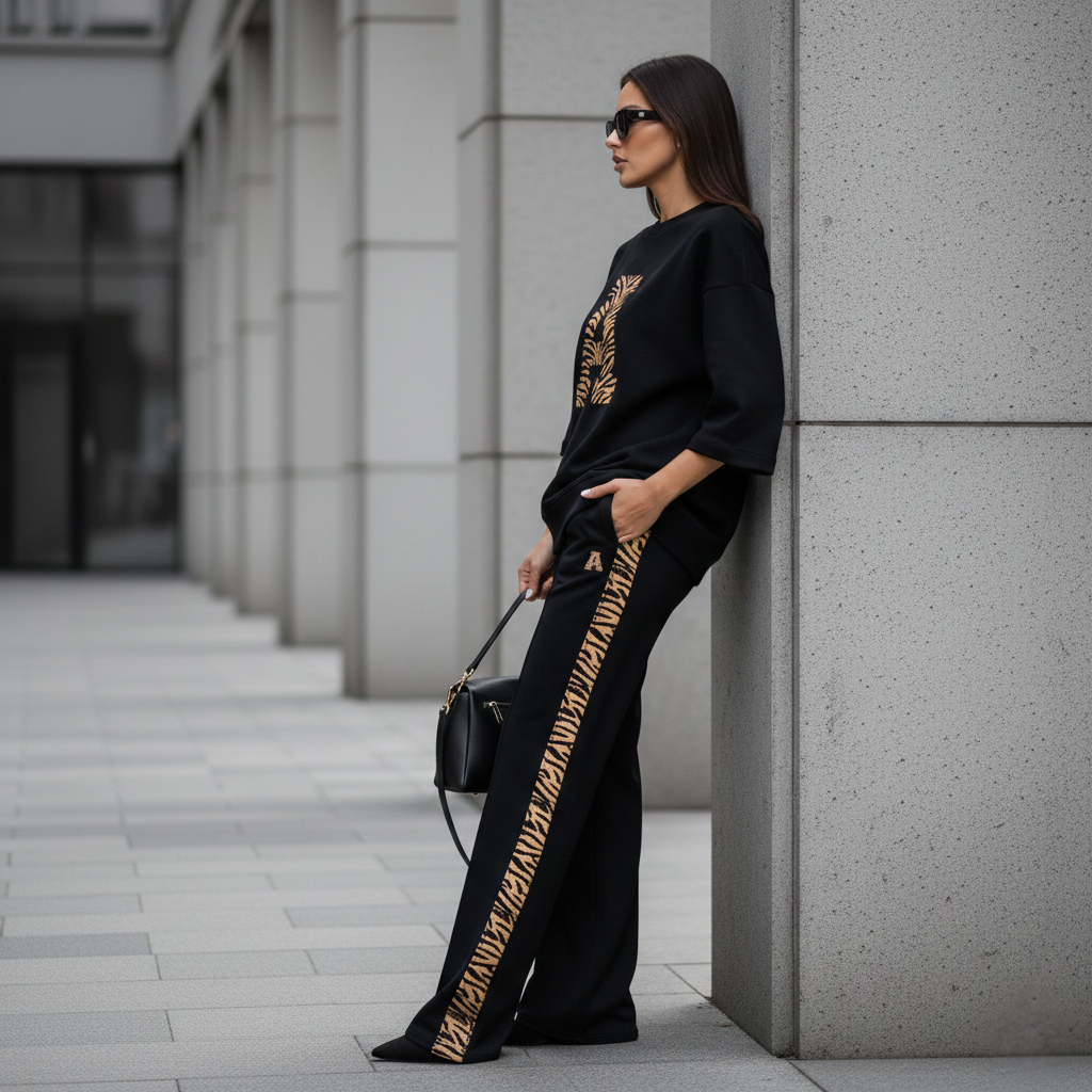 Deep Black Colour Women's Comfortable Co-Ord Set with Leapord Print