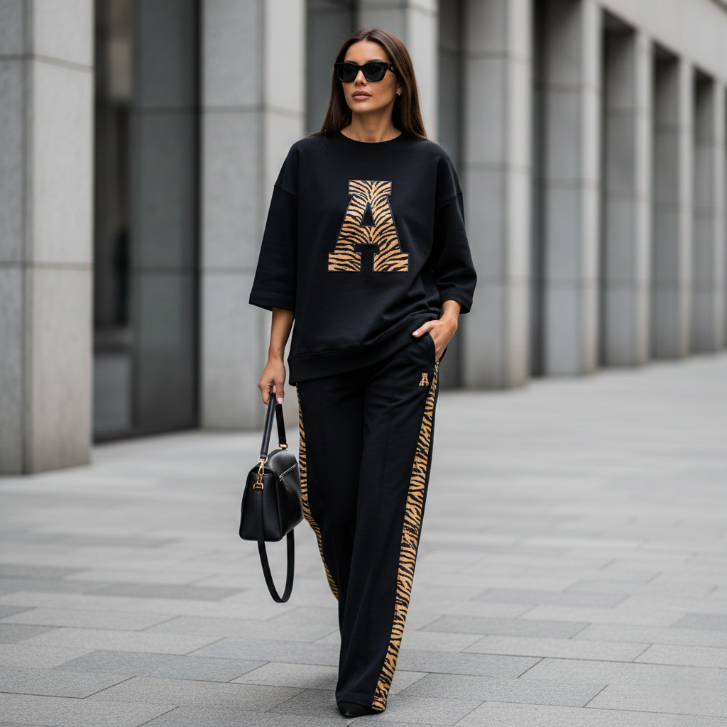 Deep Black Colour Women's Comfortable Co-Ord Set with Leapord Print