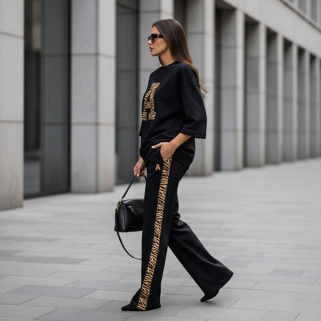 Deep Black Colour Women's Comfortable Co-Ord Set with Leapord Print