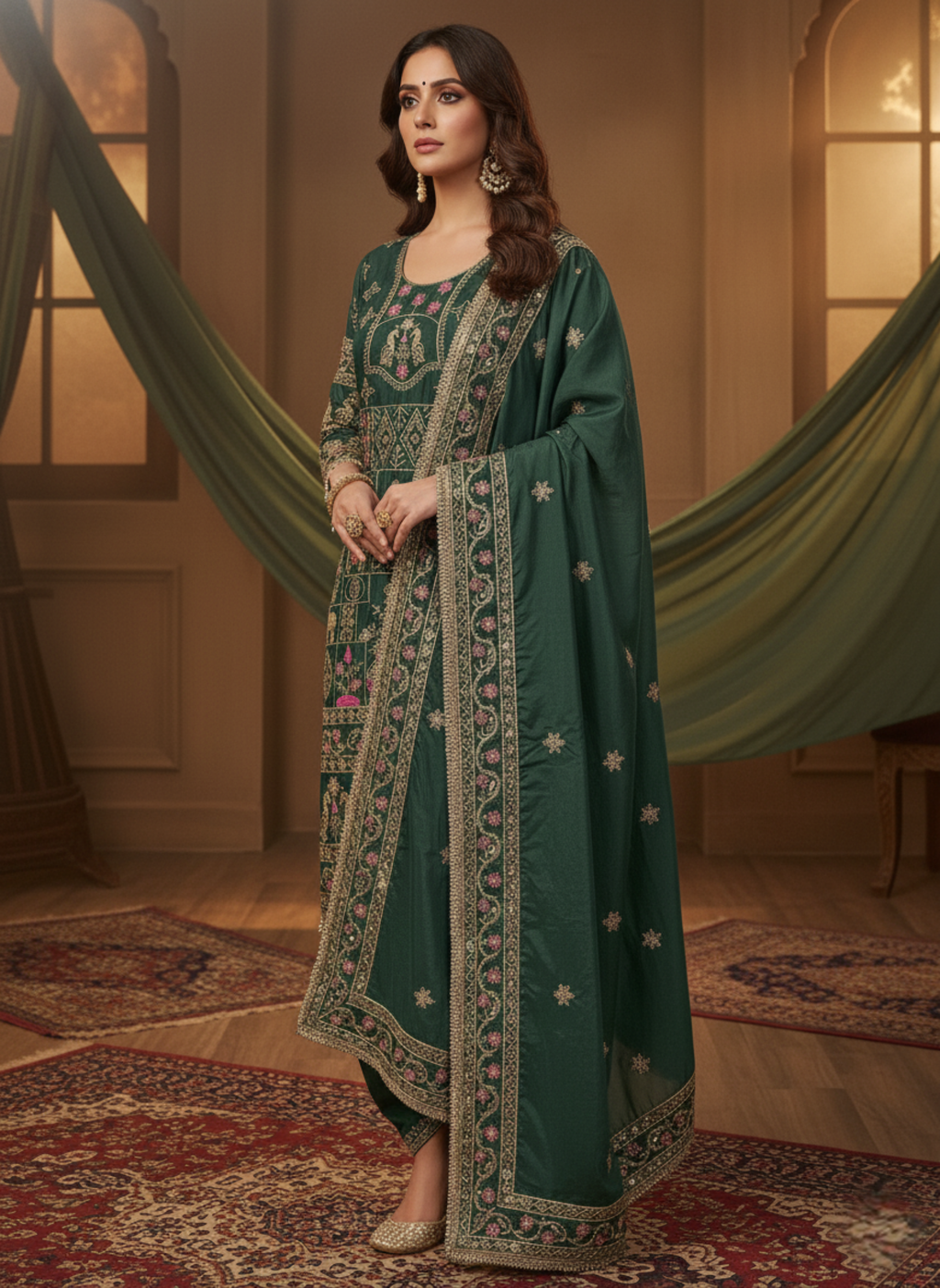 Dark Green Colour Designer Anarkali Suit With Dupatta