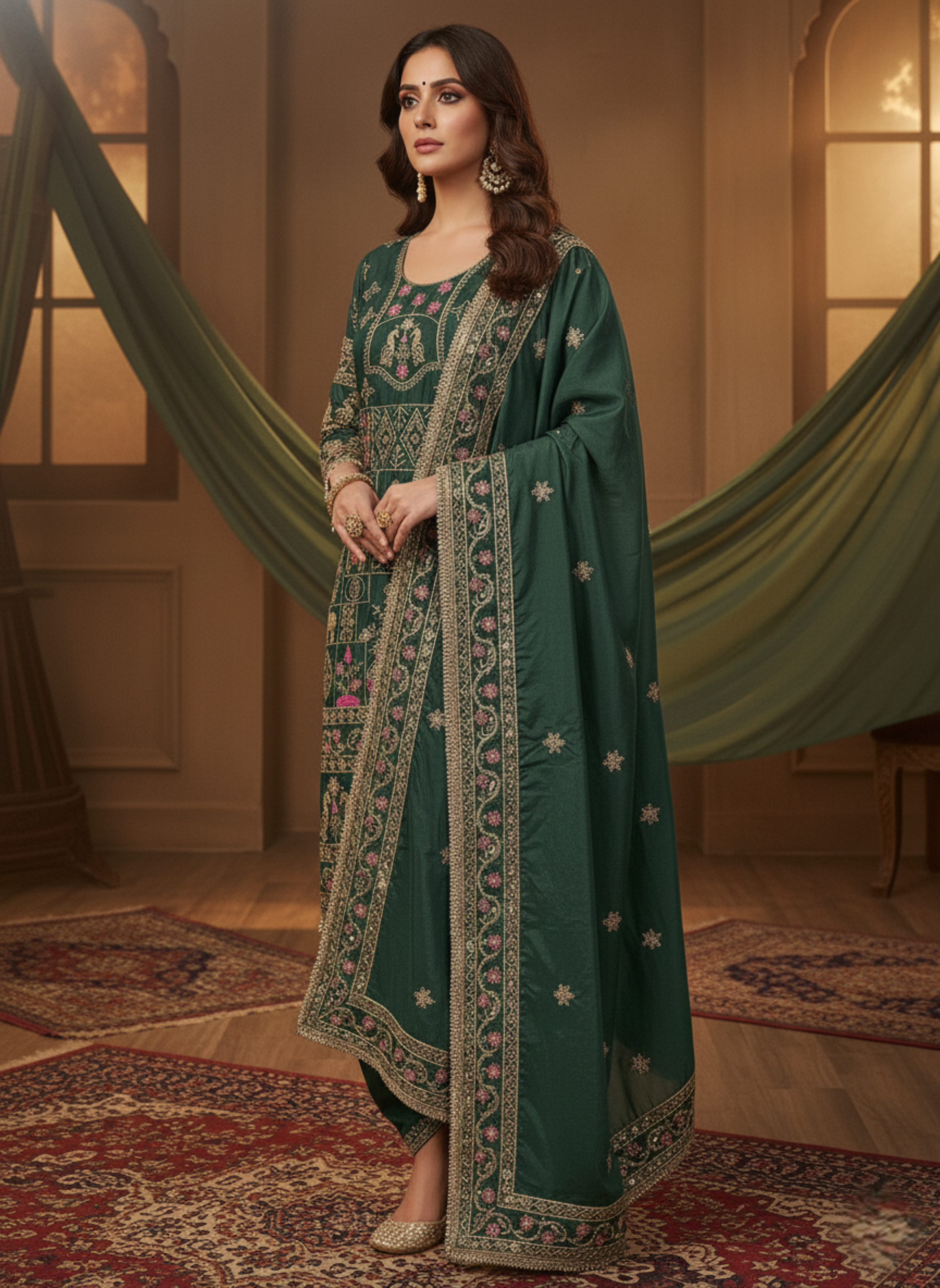 Dark Green Colour Designer Anarkali Suit With Dupatta