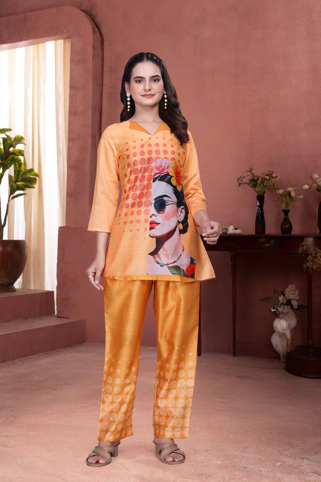 Orange Colour Graphic Print Women’s Designer Co-ord Set