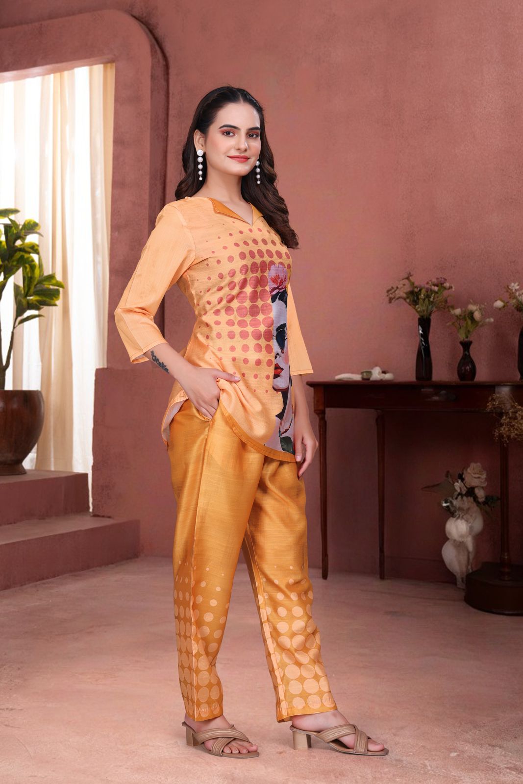 Orange Colour Graphic Print Women’s Designer Co-ord Set