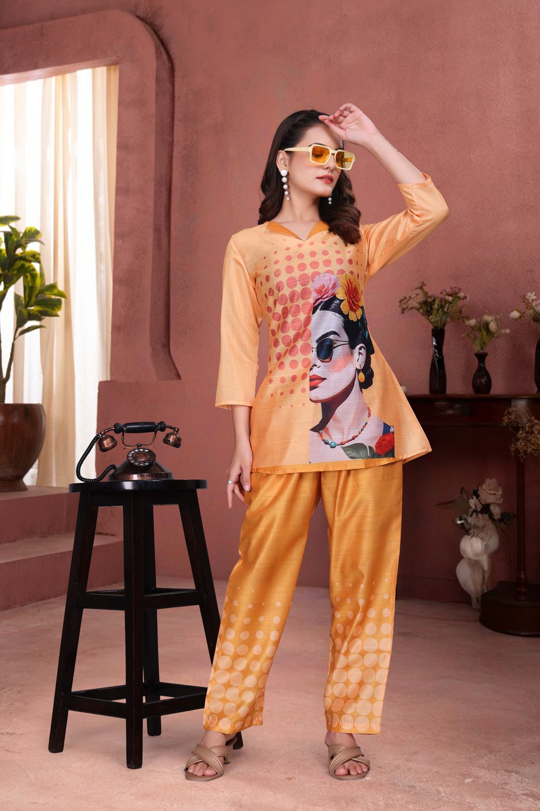 Orange Colour Graphic Print Women’s Designer Co-ord Set