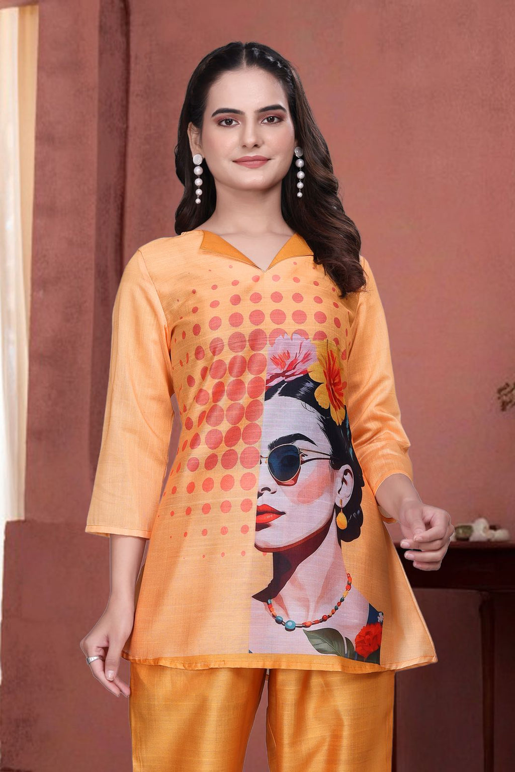 Orange Colour Graphic Print Women’s Designer Co-ord Set
