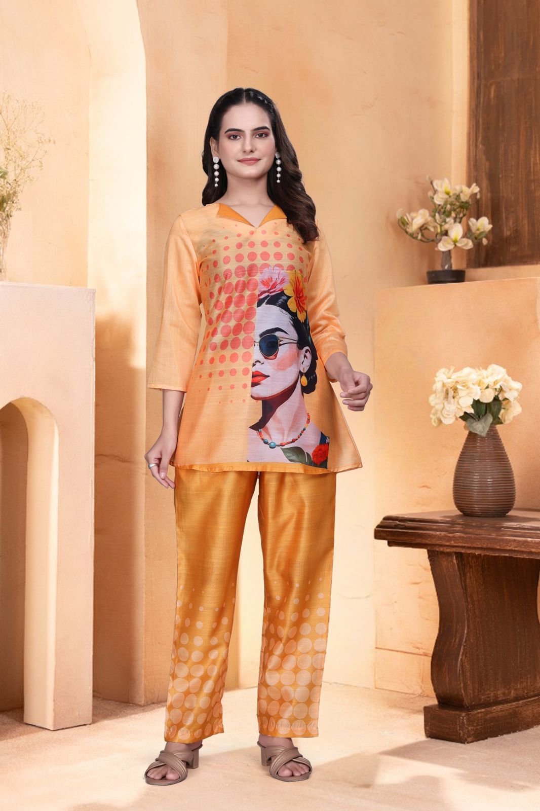 Orange Colour Graphic Print Women’s Designer Co-ord Set
