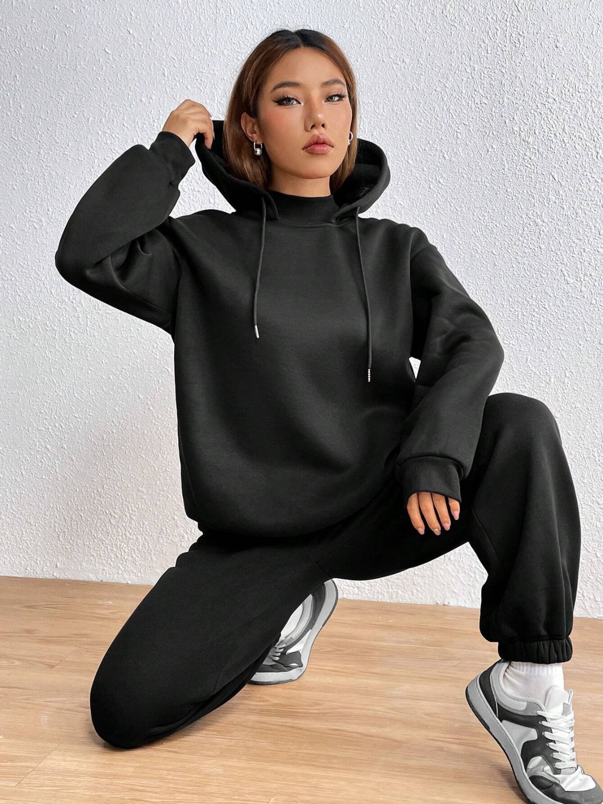 Deep Black Colour Women's Comfortable Hoodie Co-Ord Set