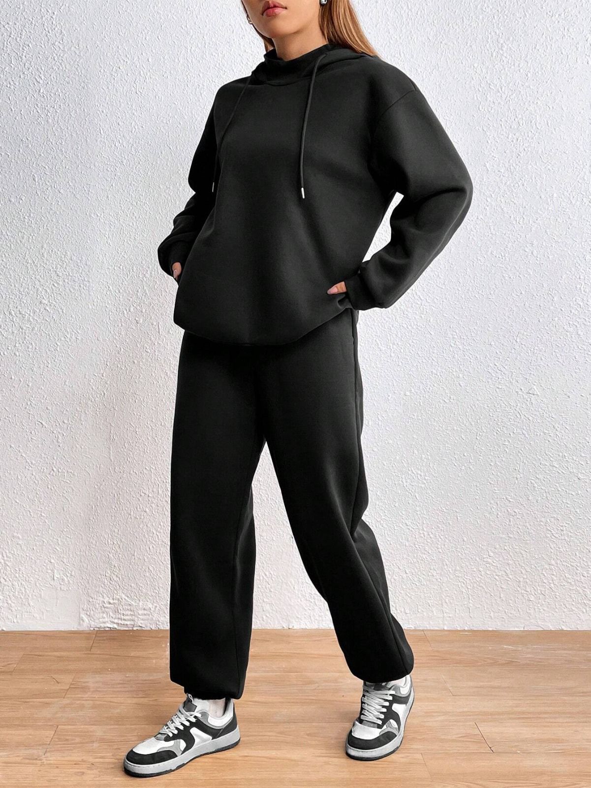 Deep Black Colour Women's Comfortable Hoodie Co-Ord Set