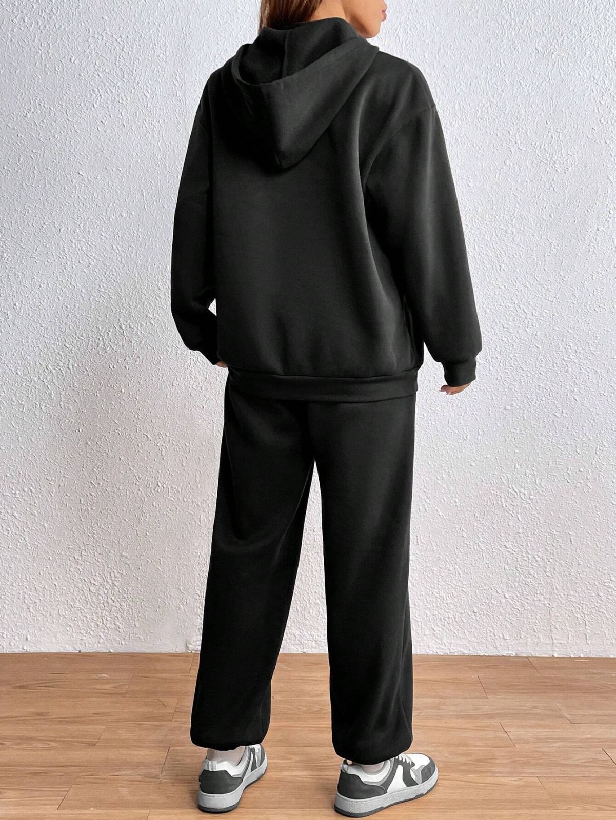 Deep Black Colour Women's Comfortable Hoodie Co-Ord Set