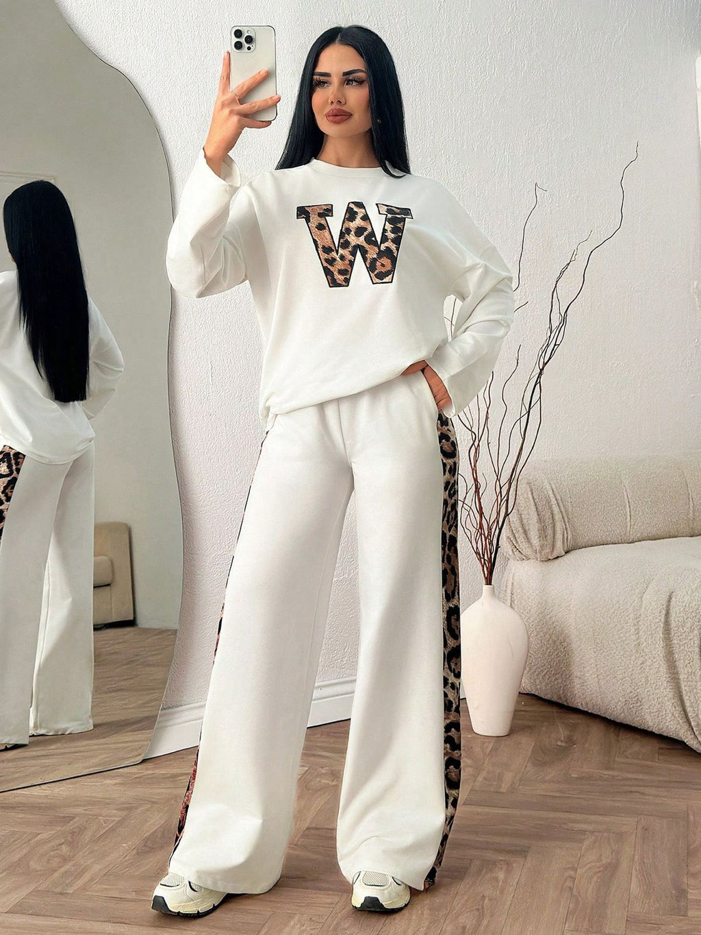 Paper White Colour Women's Co-Ord Set with Leopard Print