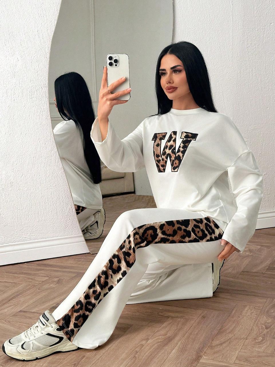 Paper White Colour Women's Co-Ord Set with Leopard Print