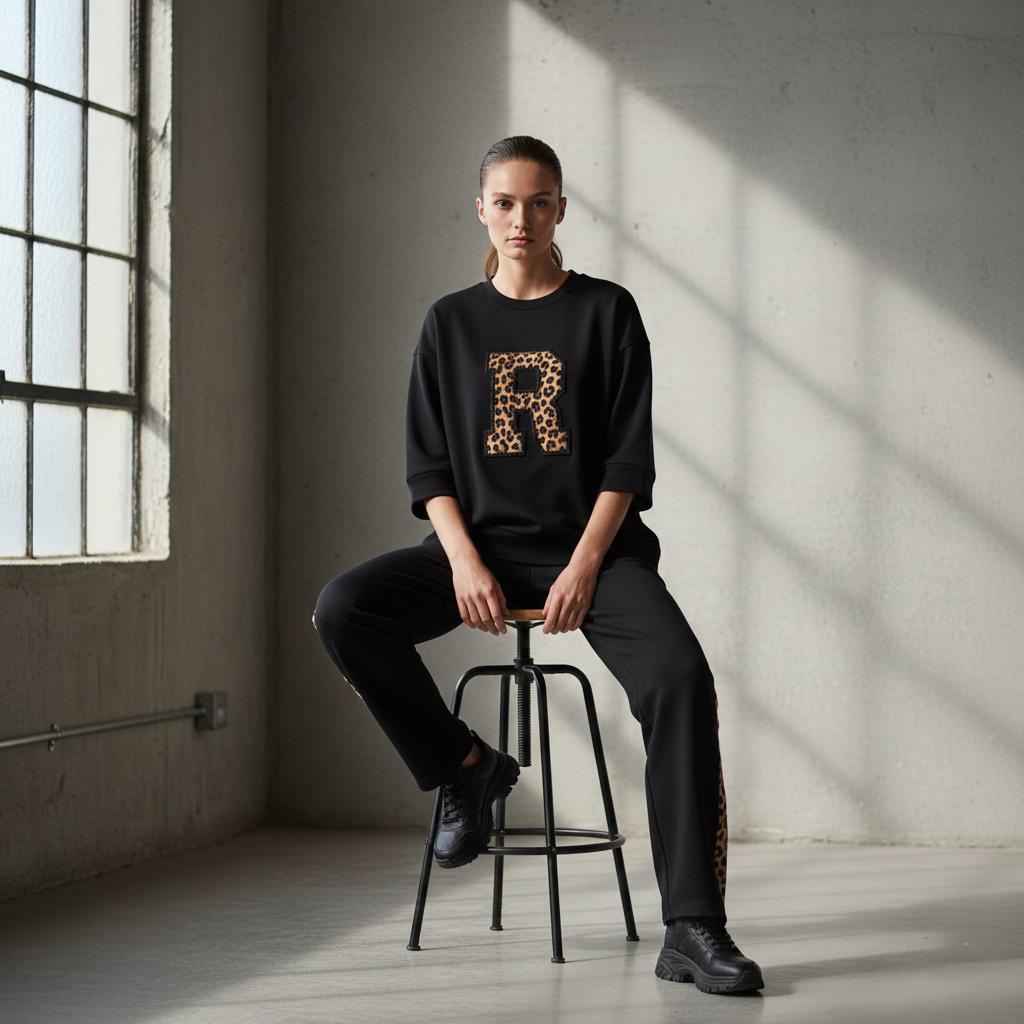 Deep Black Colour Women's Co-Ord Set with Leapord Print