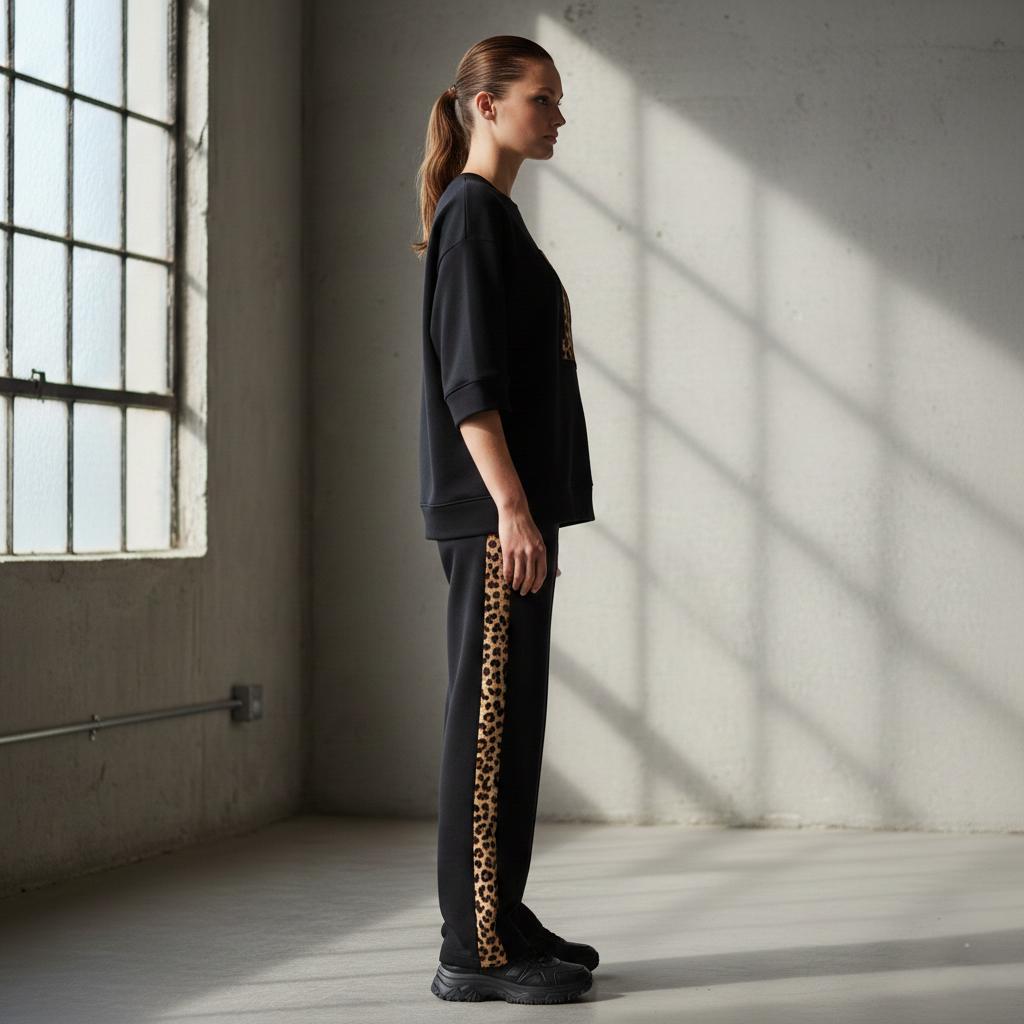 Deep Black Colour Women's Co-Ord Set with Leapord Print