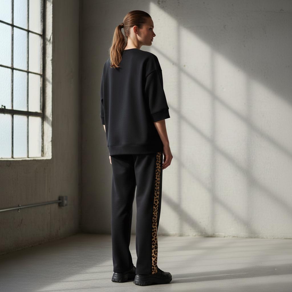 Deep Black Colour Women's Co-Ord Set with Leapord Print