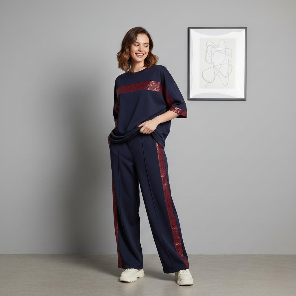 Midnight Blue Colour Women's Co-Ord Set with Leopard Print