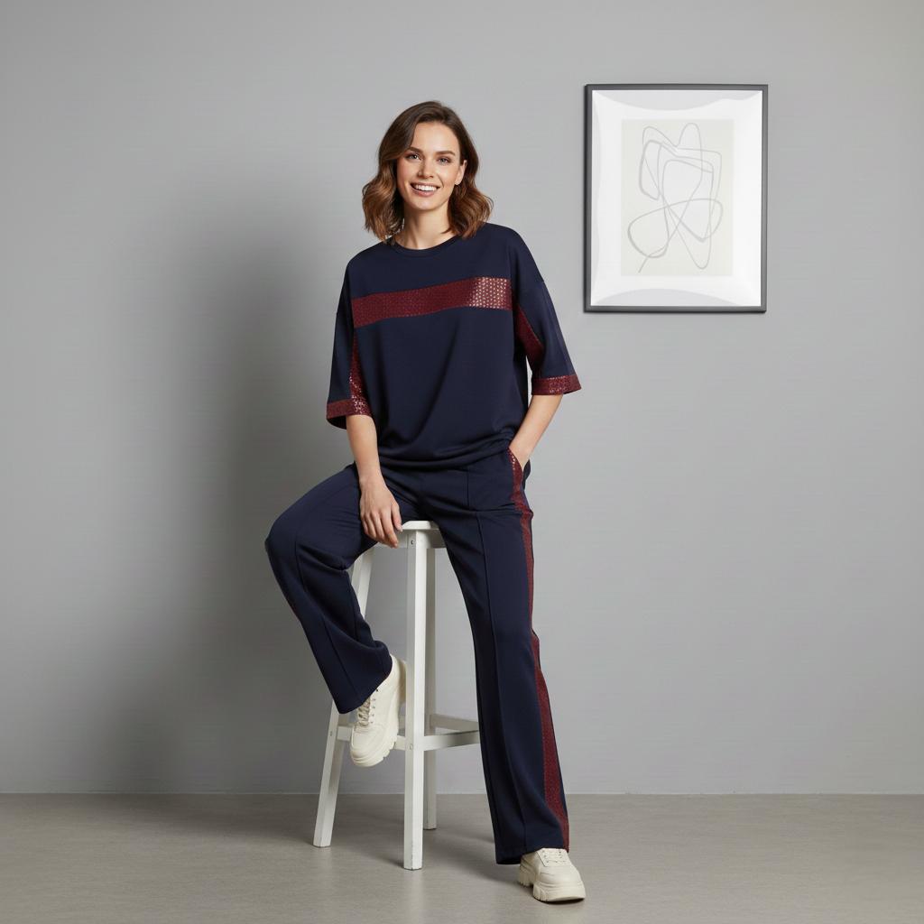 Midnight Blue Colour Women's Co-Ord Set with Leopard Print