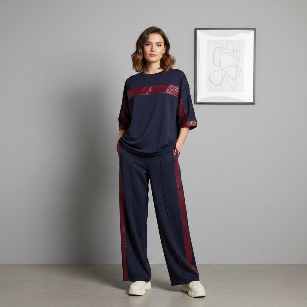 Midnight Blue Colour Women's Co-Ord Set with Leopard Print