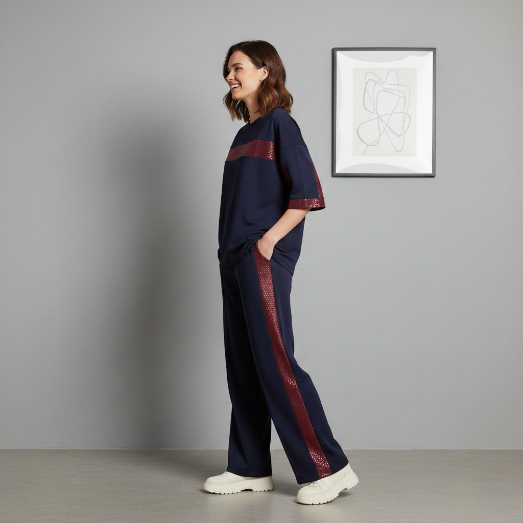 Midnight Blue Colour Women's Co-Ord Set with Leopard Print