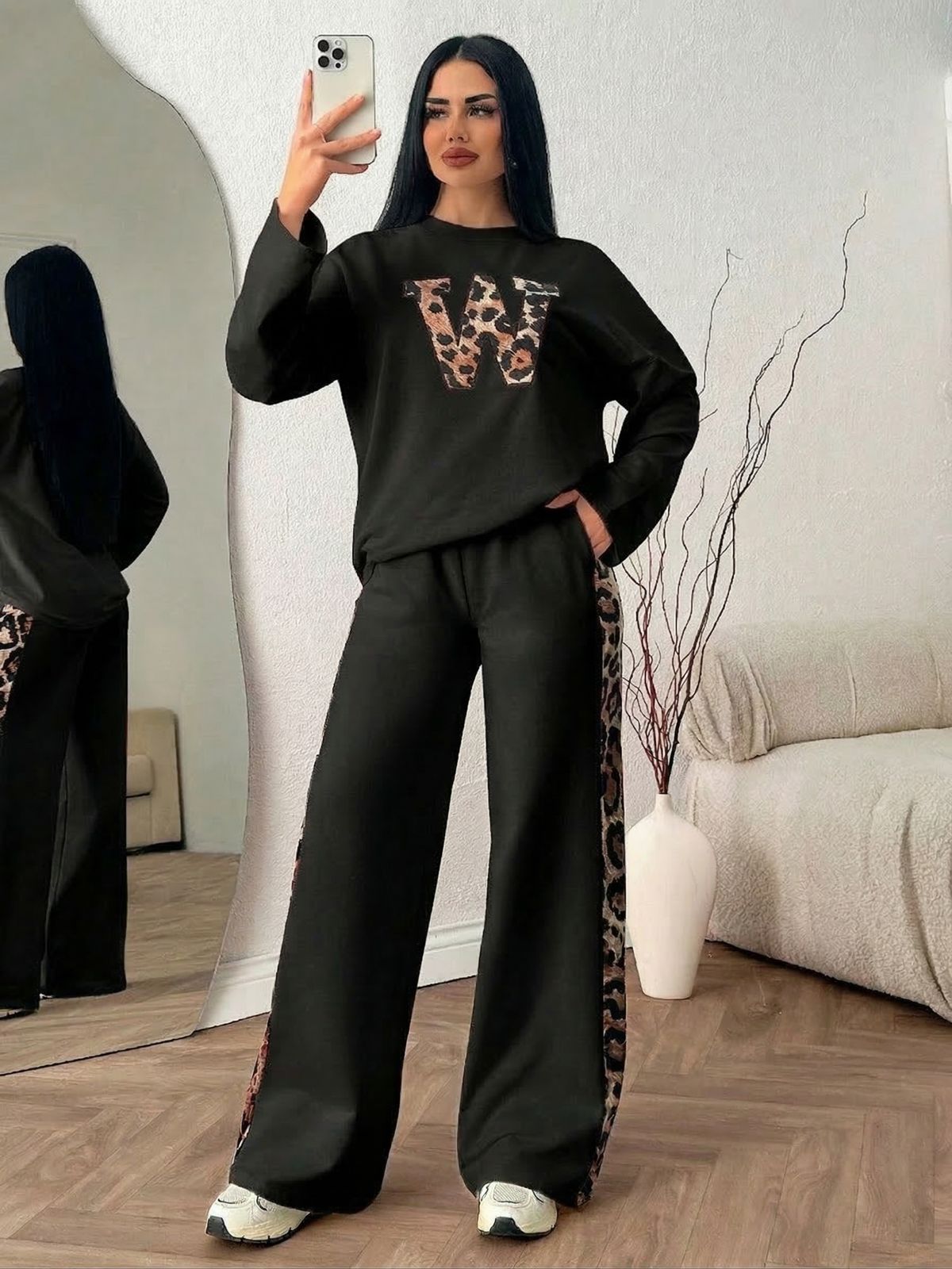 Rich Black Colour Women's Co-Ord Set with Leopard Print
