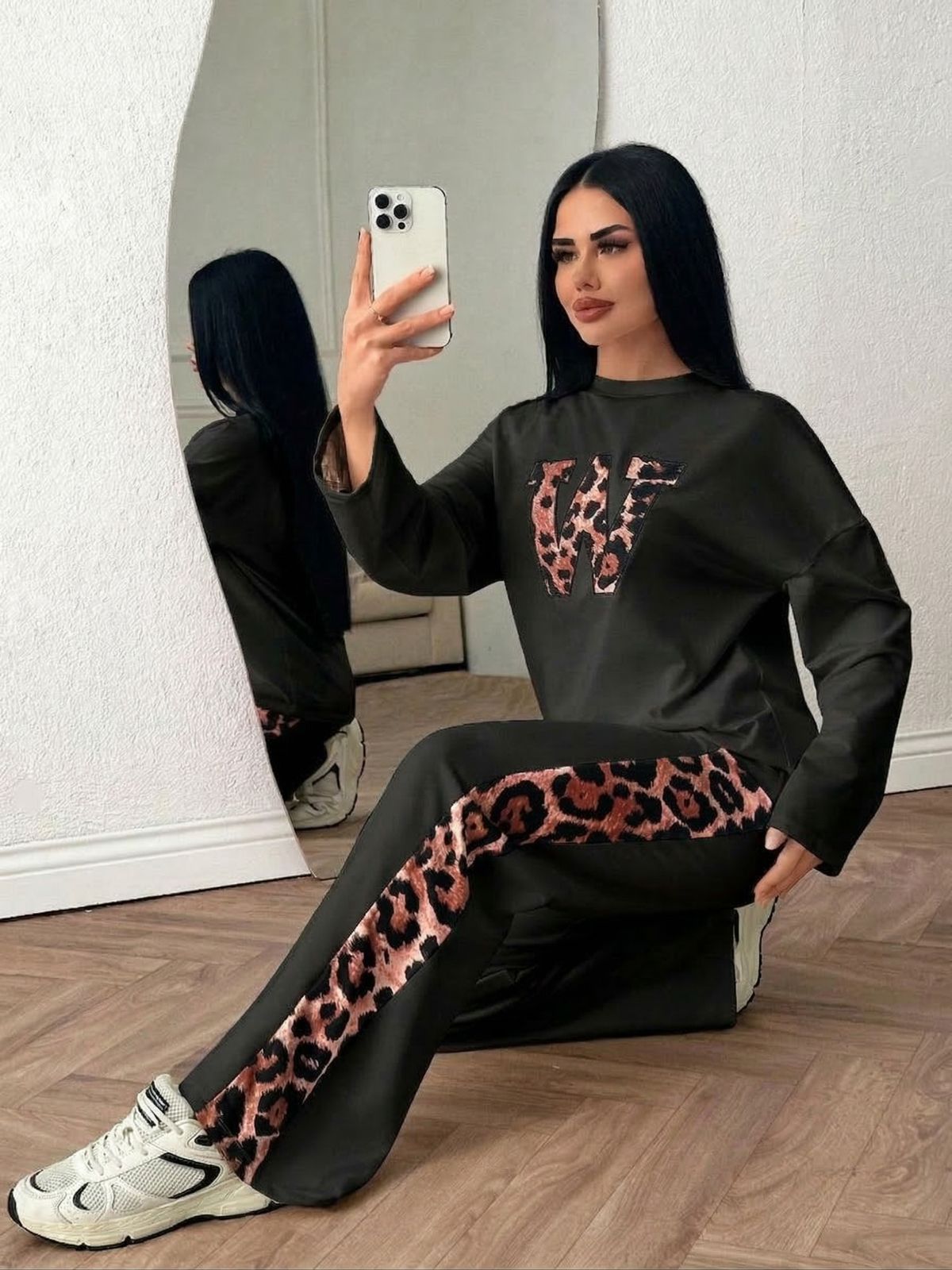 Rich Black Colour Women's Co-Ord Set with Leopard Print