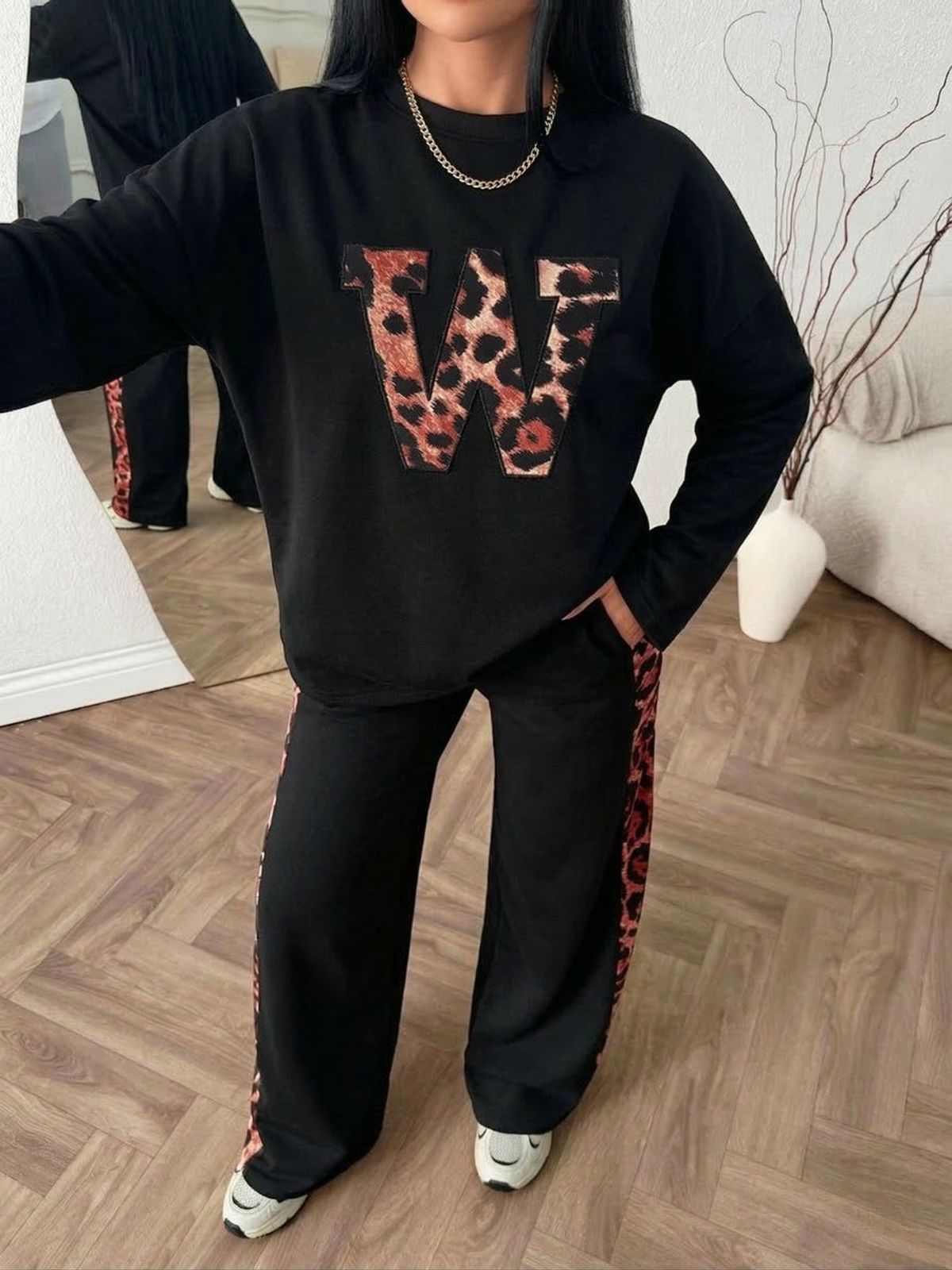 Rich Black Colour Women's Co-Ord Set with Leopard Print