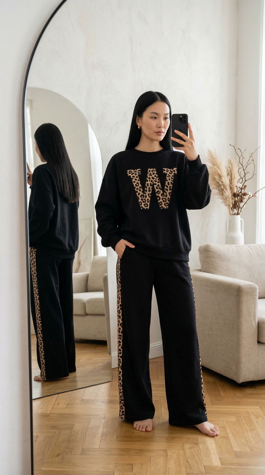 Rich Black Colour Women's Co-Ord Set with Leopard Print