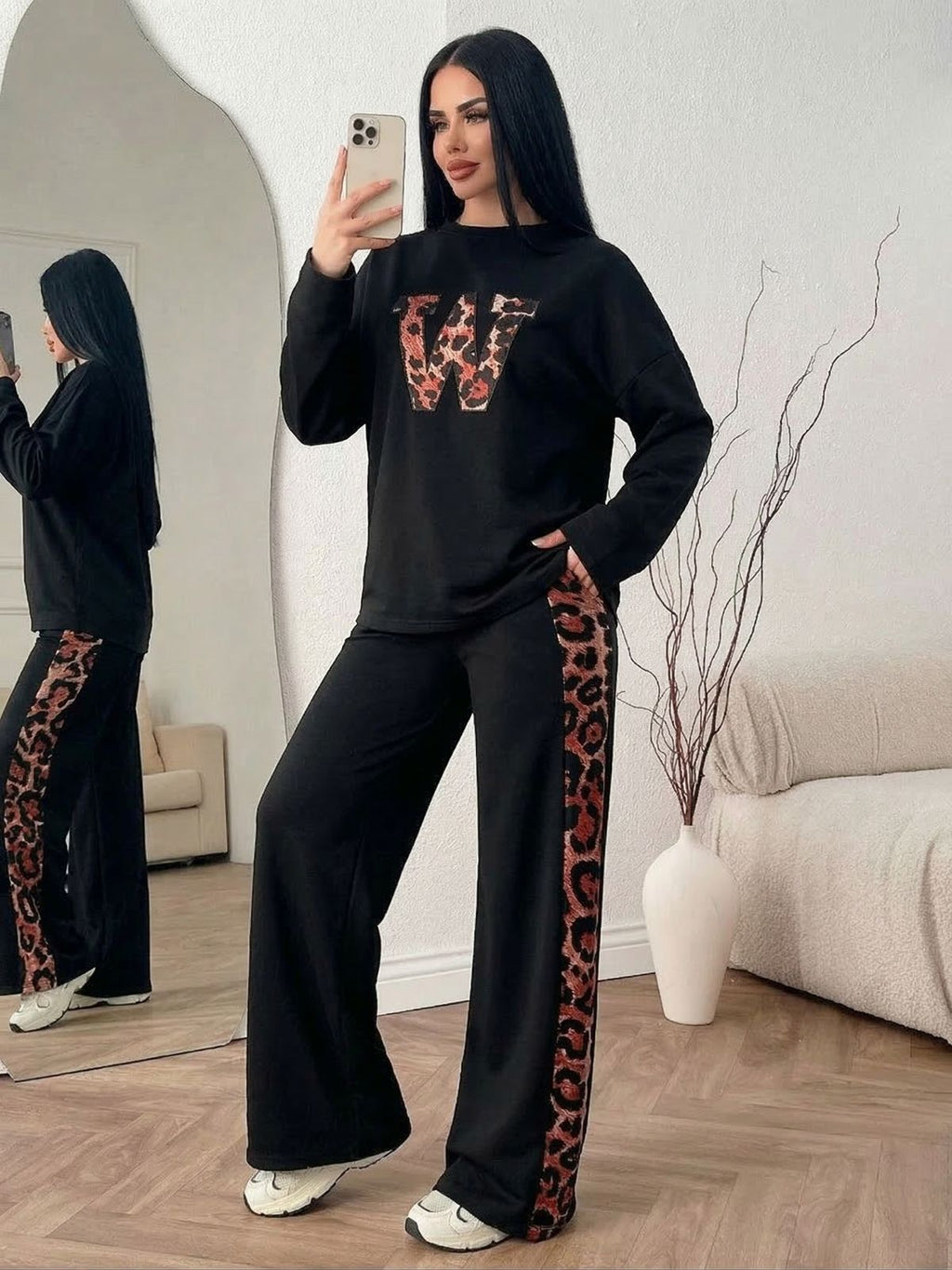 Rich Black Colour Women's Co-Ord Set with Leopard Print