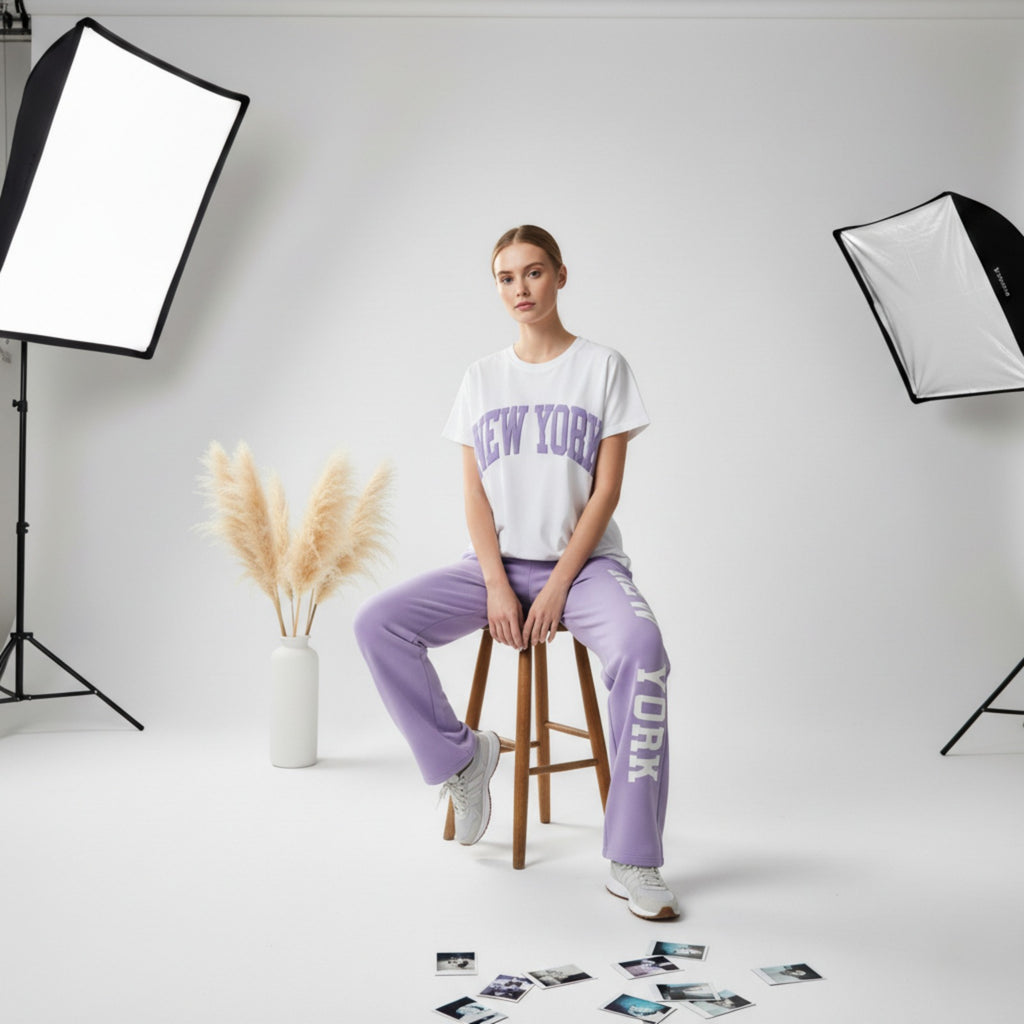 Lilac New York Graphic Women's Co-Ord Set – Comfortable Matching Top & Pants