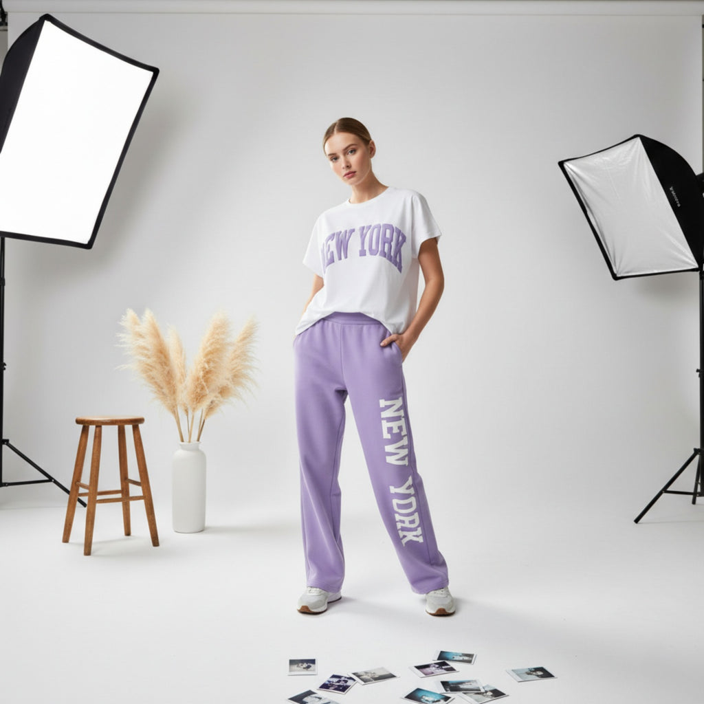 Lilac New York Graphic Women's Co-Ord Set – Comfortable Matching Top & Pants